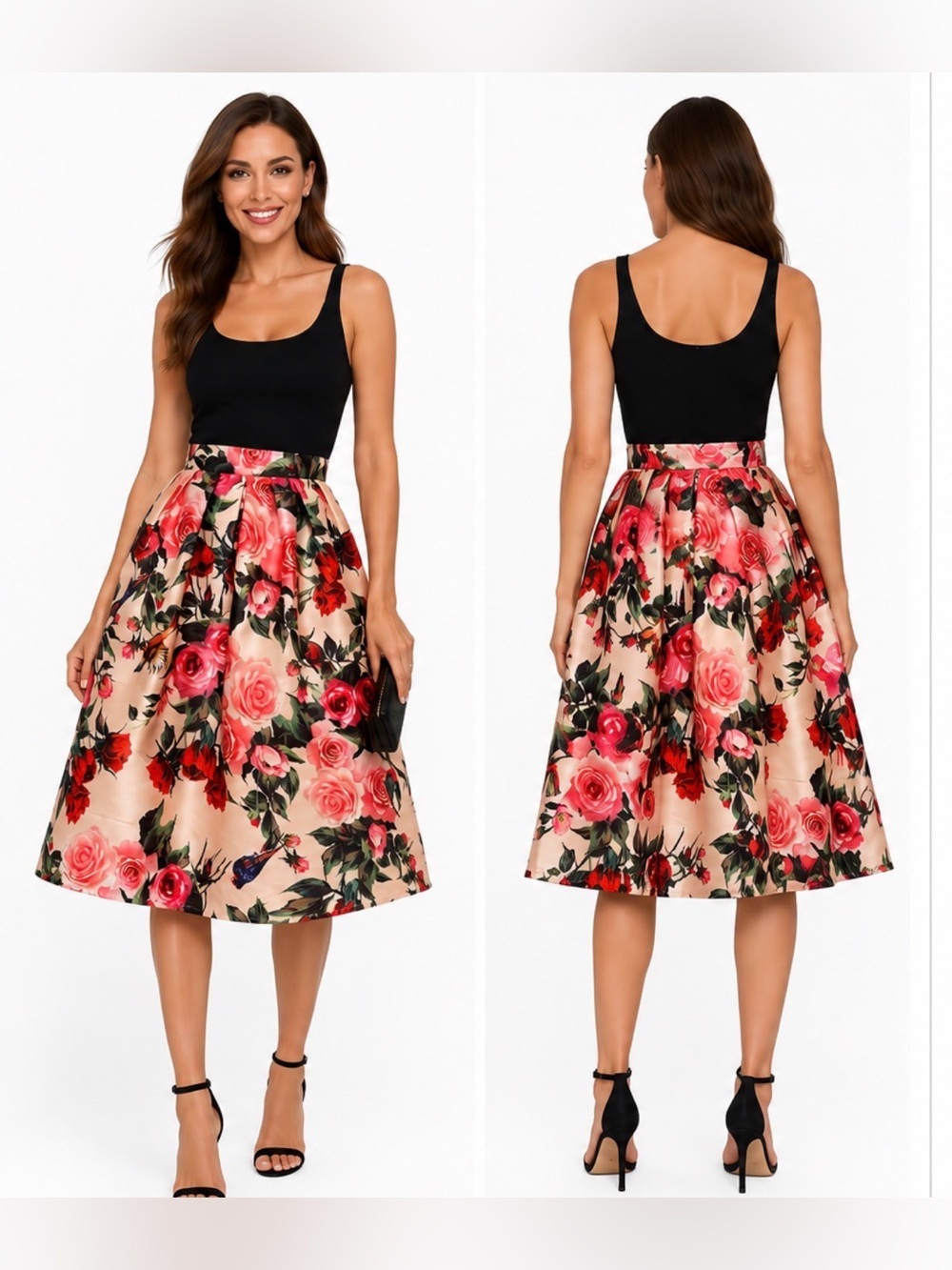 Floral Satin High-Waist Midi Skirt - Champagne Blush with Pink Roses